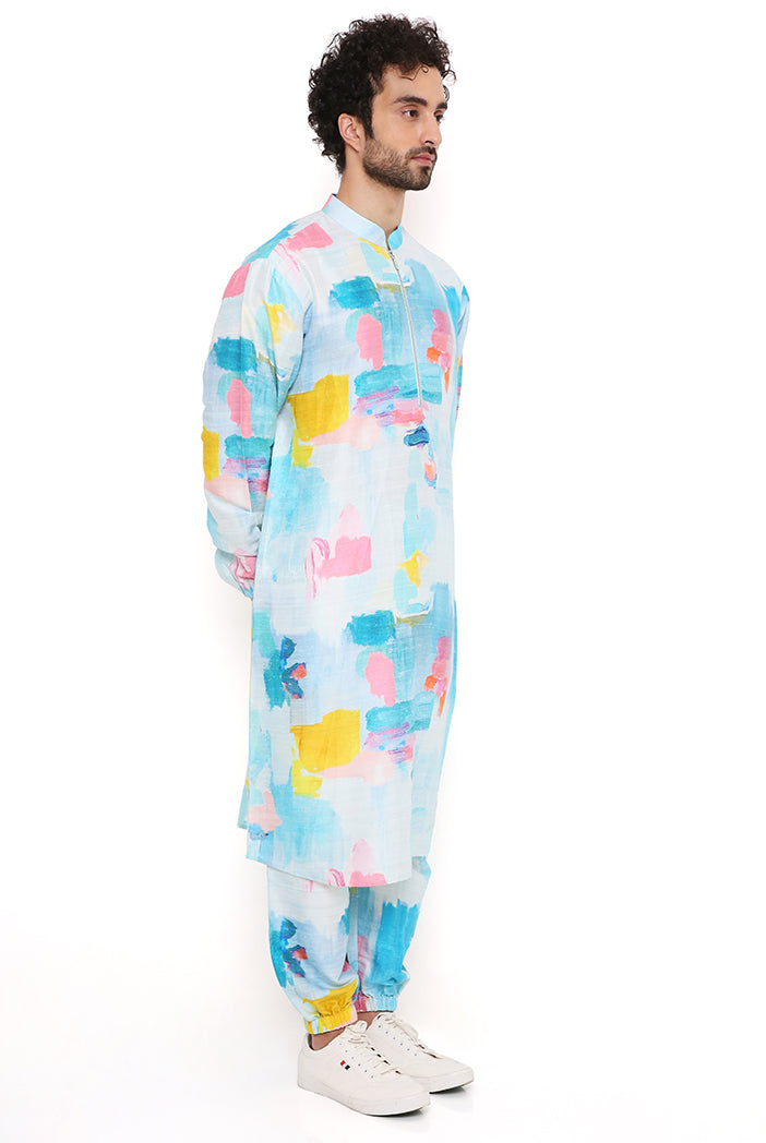 Painterly Print Dupion Silk Bomber Kurta With Jogger Pant