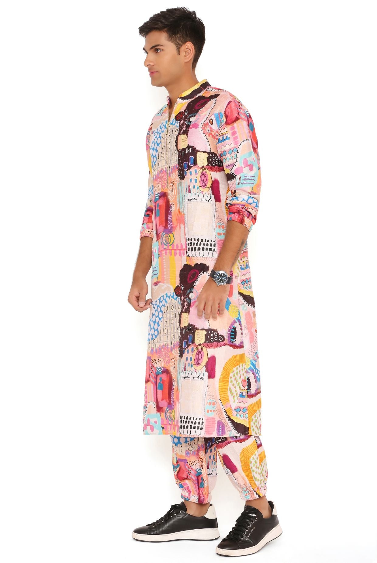 Trance Print Dupion Silk Bomber Kurta With Jogger Pant