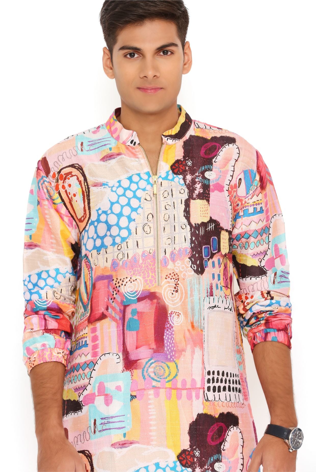 Trance Print Dupion Silk Bomber Kurta With Jogger Pant