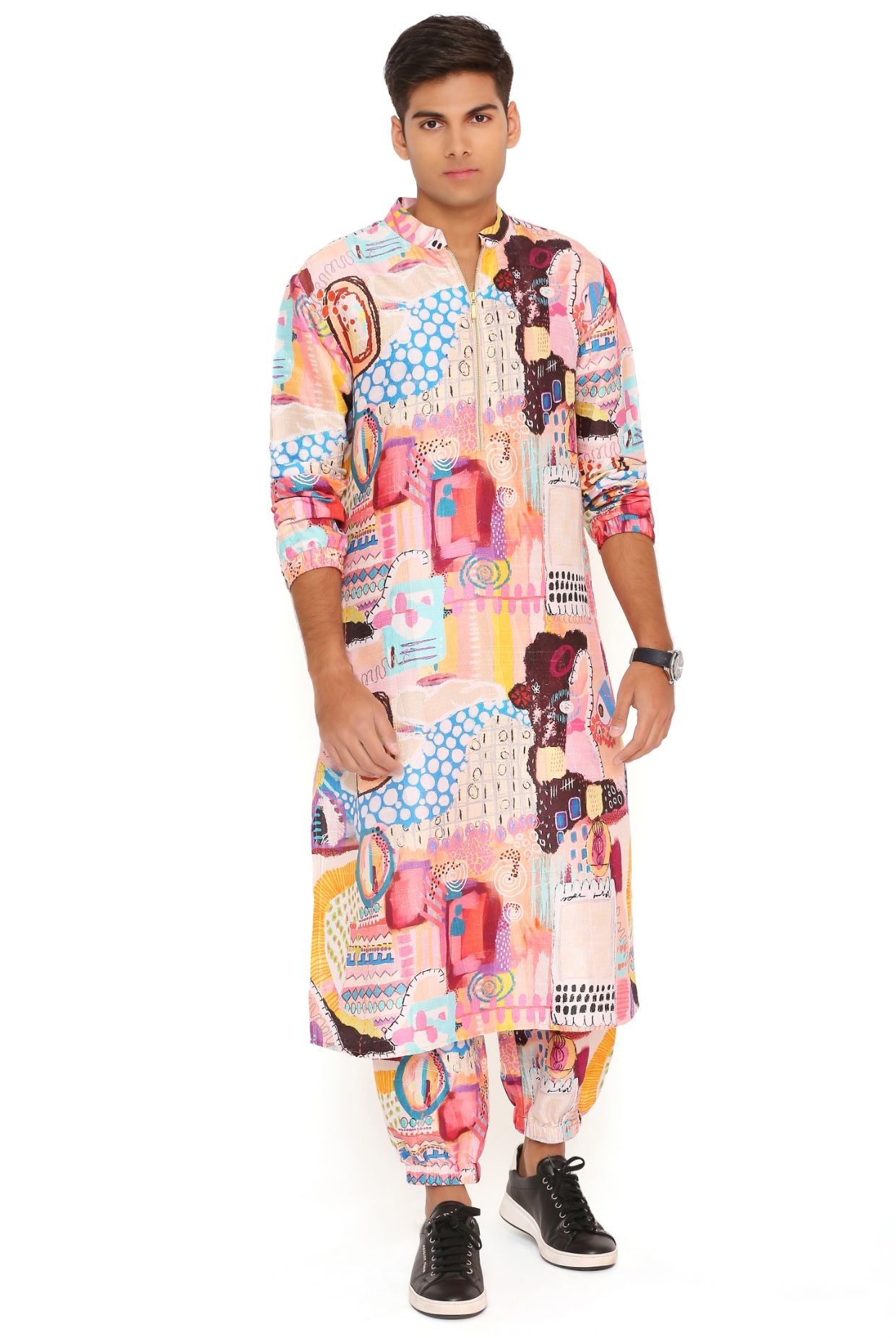 Trance Print Dupion Silk Bomber Kurta With Jogger Pant