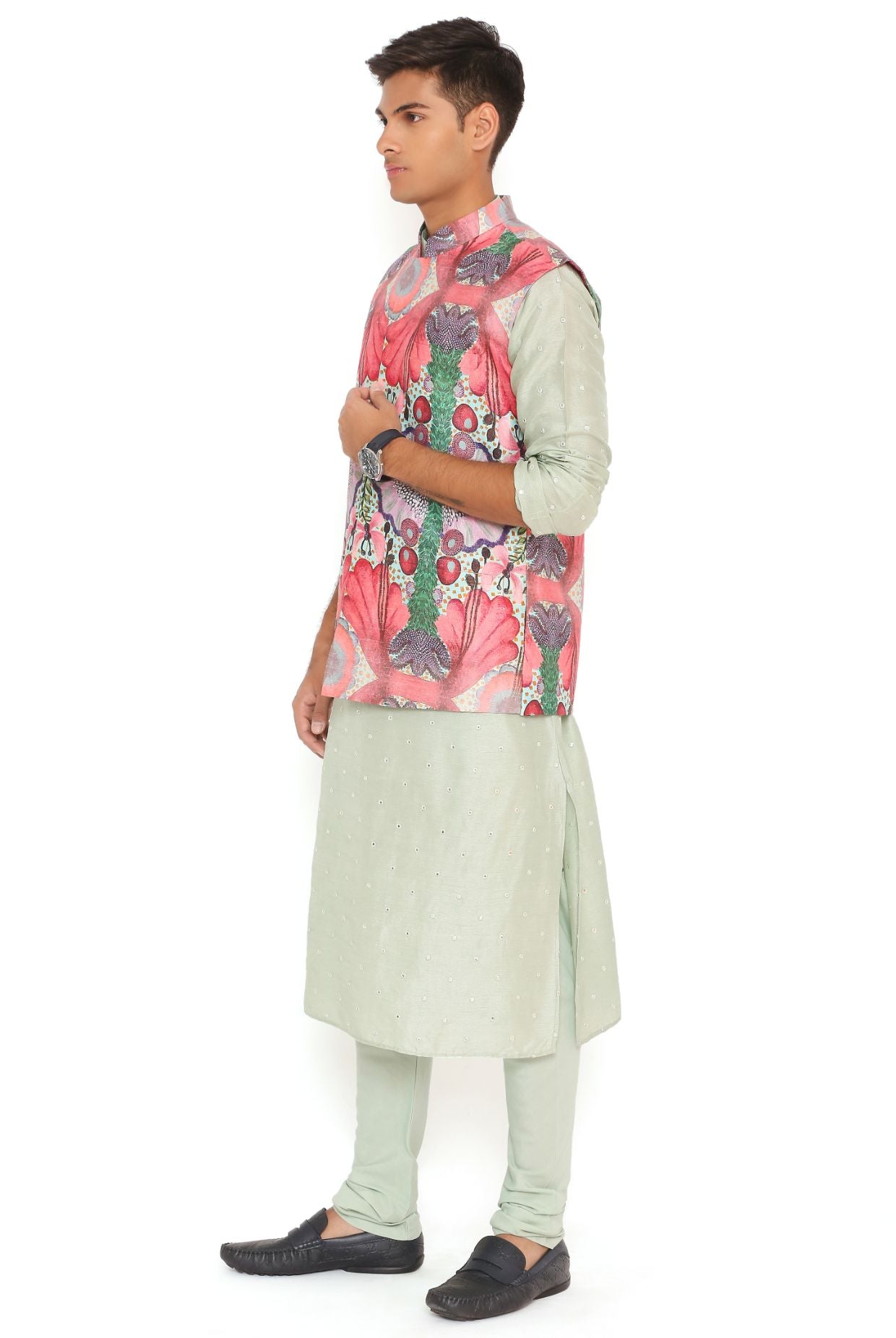 Red Enchanted Print Dupion Silk Bandi With Mint Abla Silk Kurta And Cotton Silk Churidar