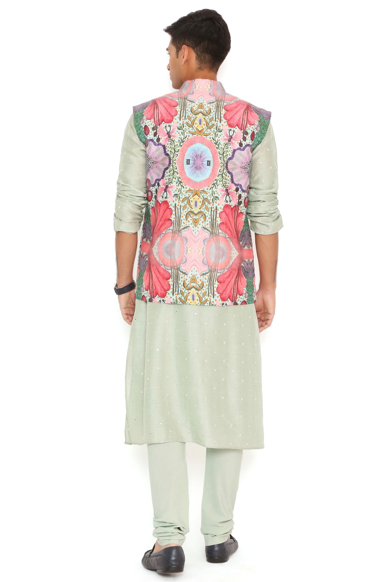 Red Enchanted Print Dupion Silk Bandi With Mint Abla Silk Kurta And Cotton Silk Churidar