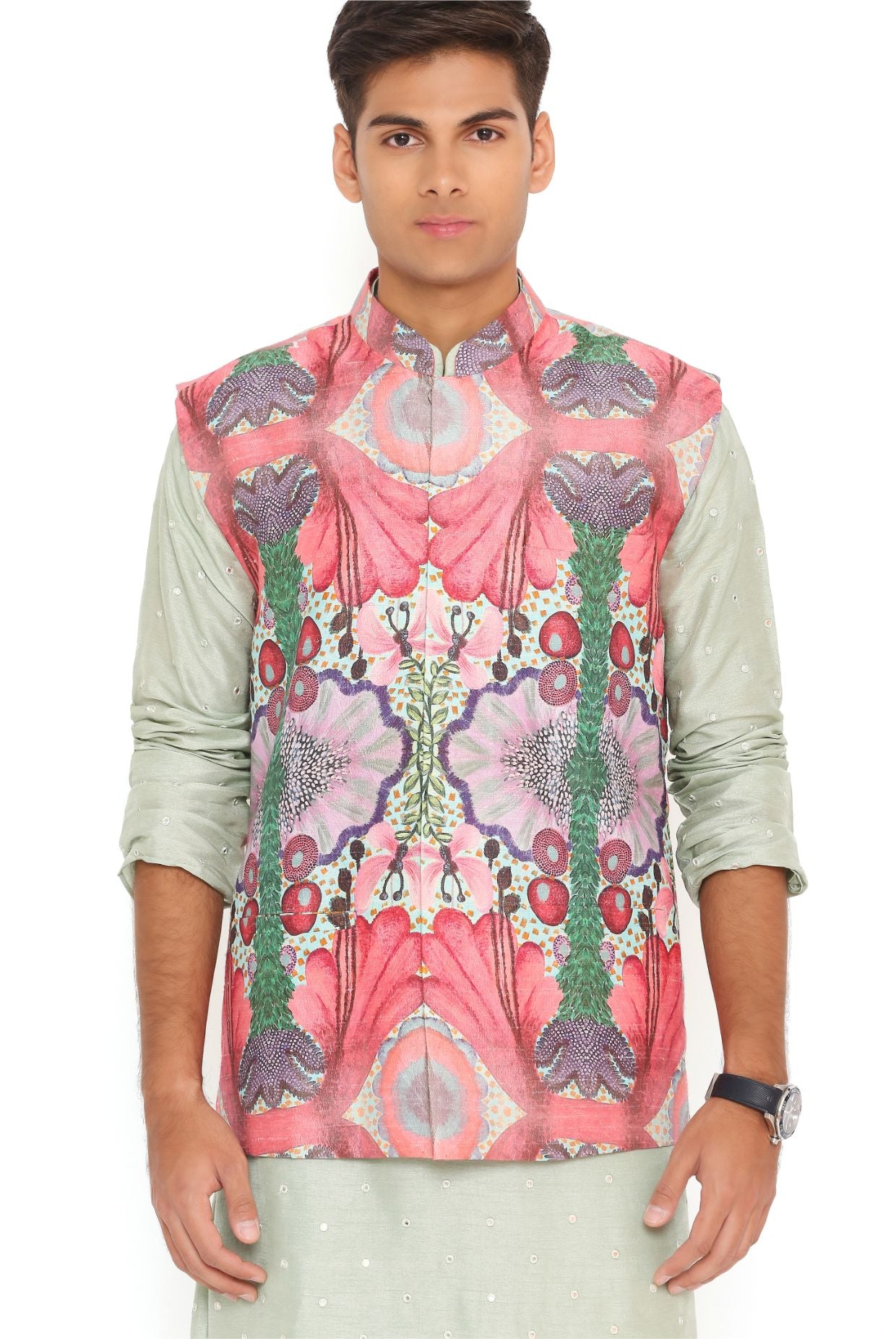Red Enchanted Print Dupion Silk Bandi With Mint Abla Silk Kurta And Cotton Silk Churidar