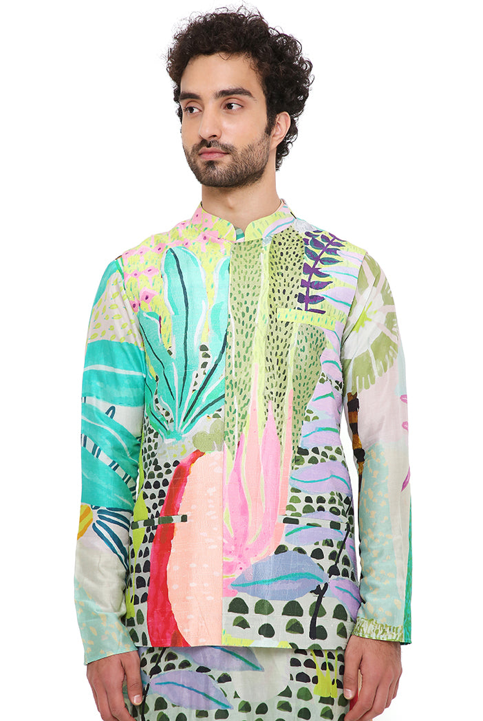 Monet Tropical Print Dupion Silk Bandi With Silkmul Kurta And Churidar