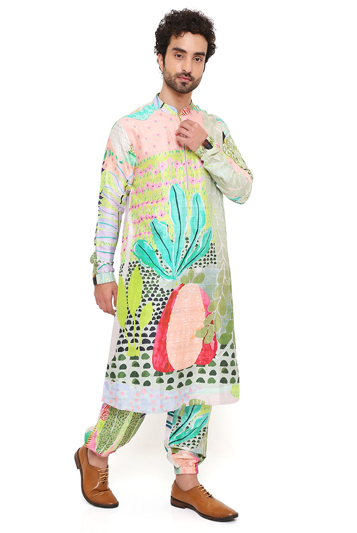 Wanderlust Tropical Print Dupion Silk Bomber Kurta With Jogger Pant