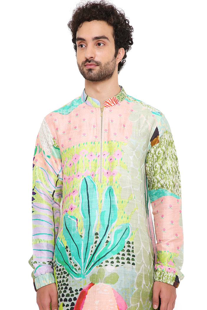 Wanderlust Tropical Print Dupion Silk Bomber Kurta With Jogger Pant