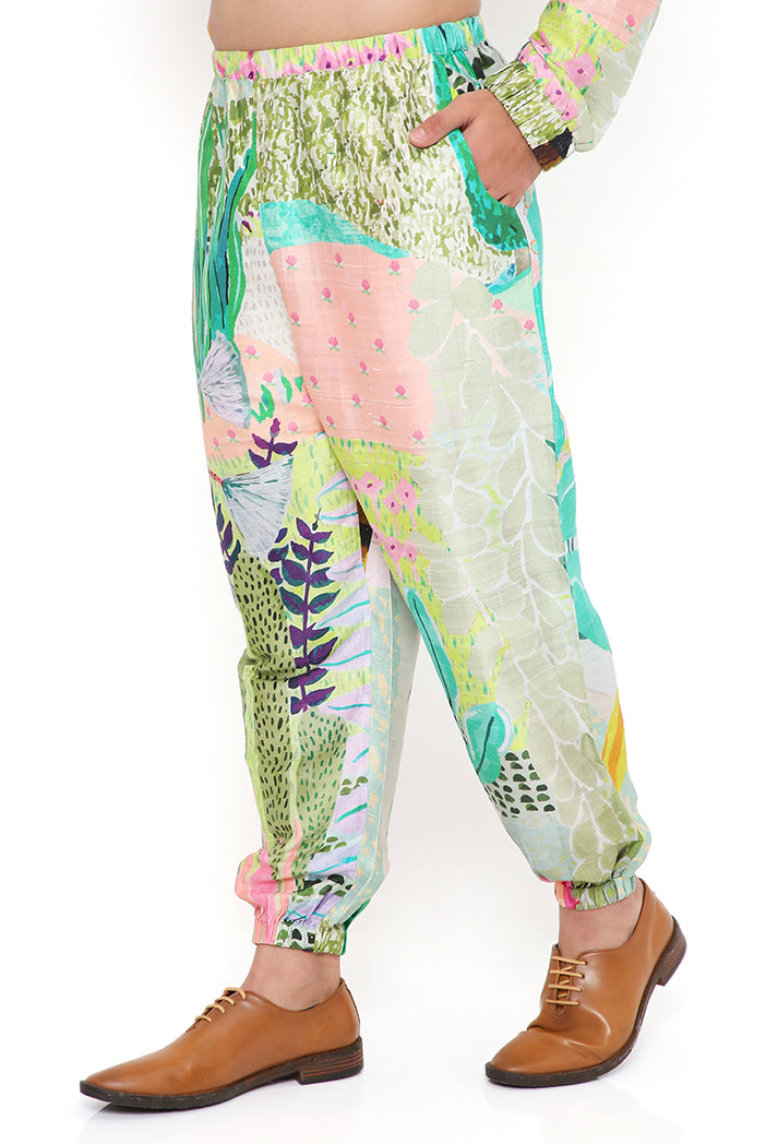 Wanderlust Tropical Print Dupion Silk Bomber Kurta With Jogger Pant