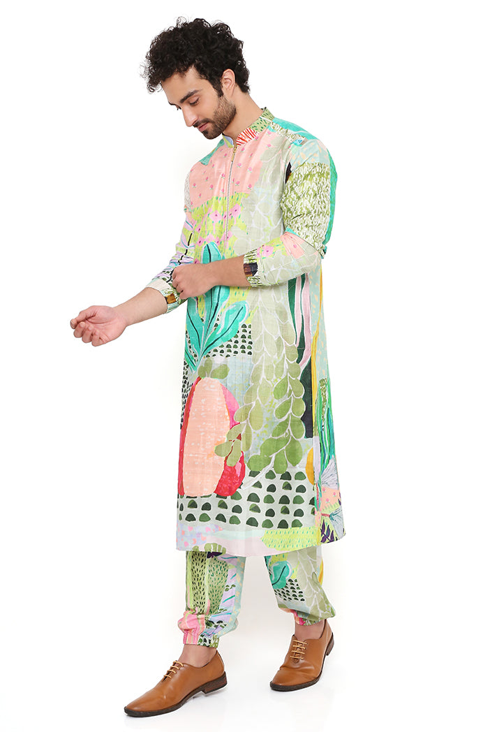 Wanderlust Tropical Print Dupion Silk Bomber Kurta With Jogger Pant