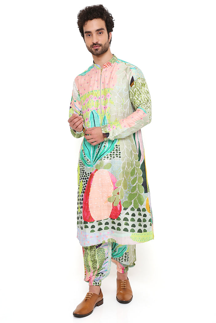 Wanderlust Tropical Print Dupion Silk Bomber Kurta With Jogger Pant
