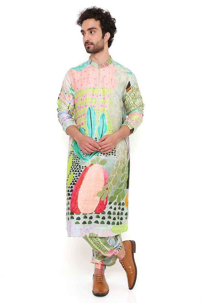 Wanderlust Tropical Print Dupion Silk Bomber Kurta With Jogger Pant