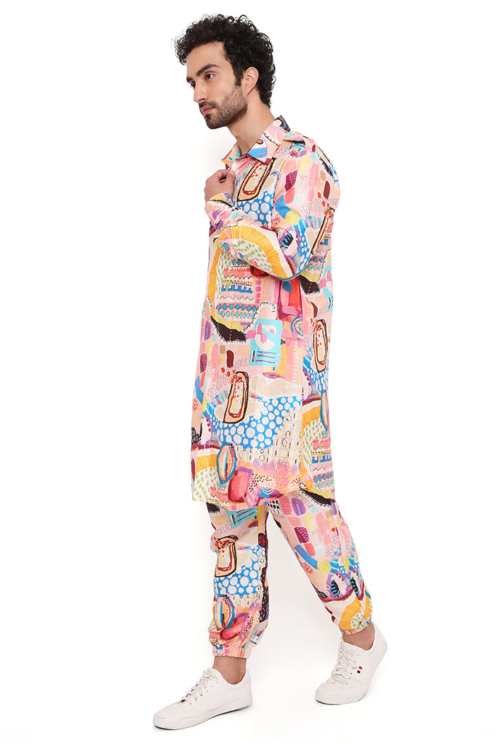 Trance Print Dupion Silk Pathani Kurta With Jogger Pant