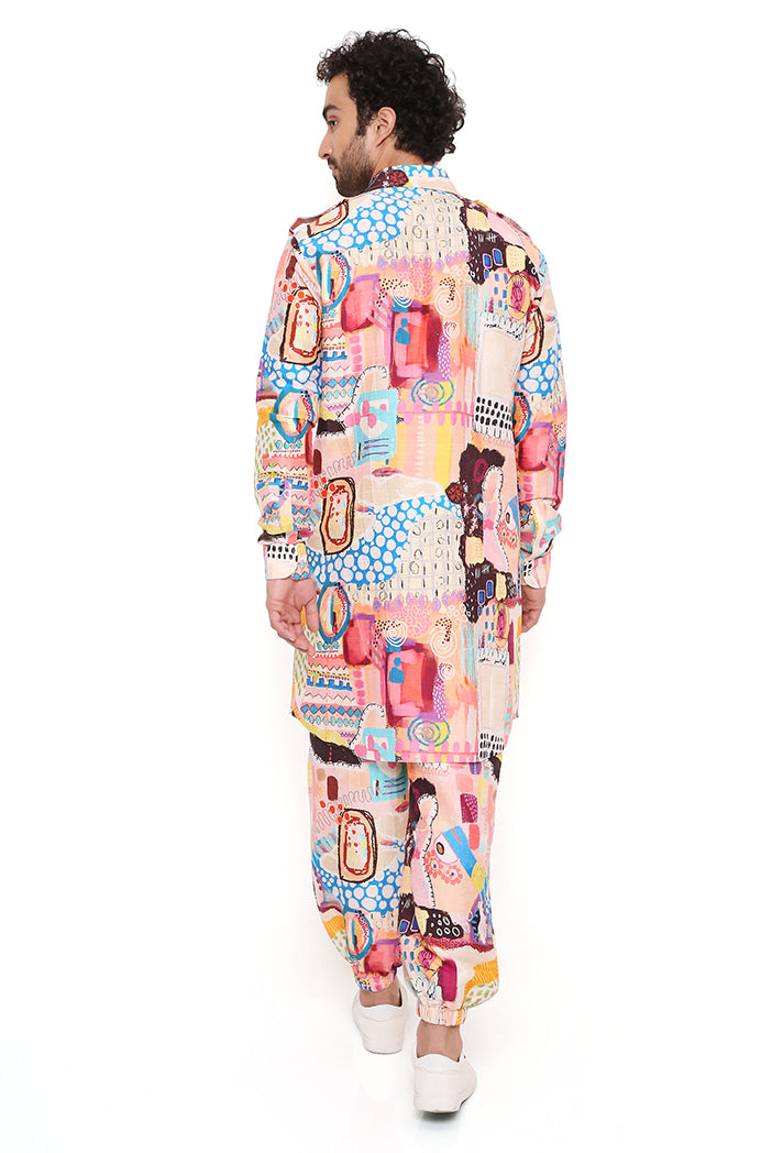 Trance Print Dupion Silk Pathani Kurta With Jogger Pant