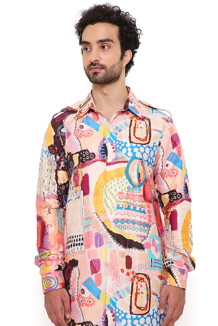 Trance Print Dupion Silk Pathani Kurta With Jogger Pant