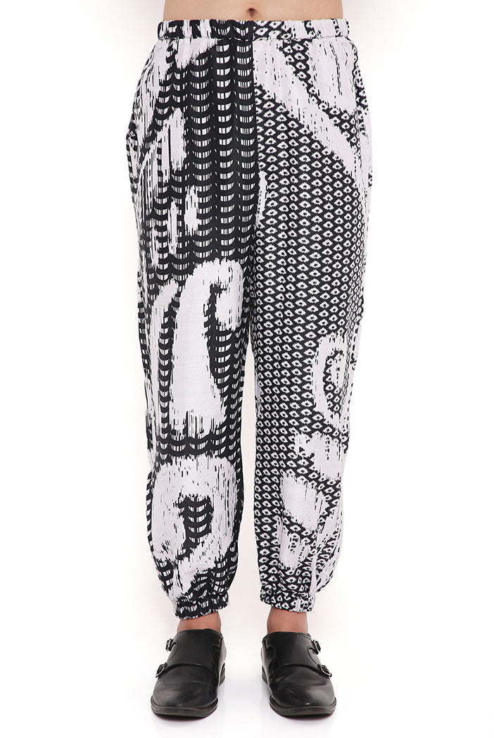 Black And White Uzbec Print Dupion Silk Pathani Kurta With Jogger Pant