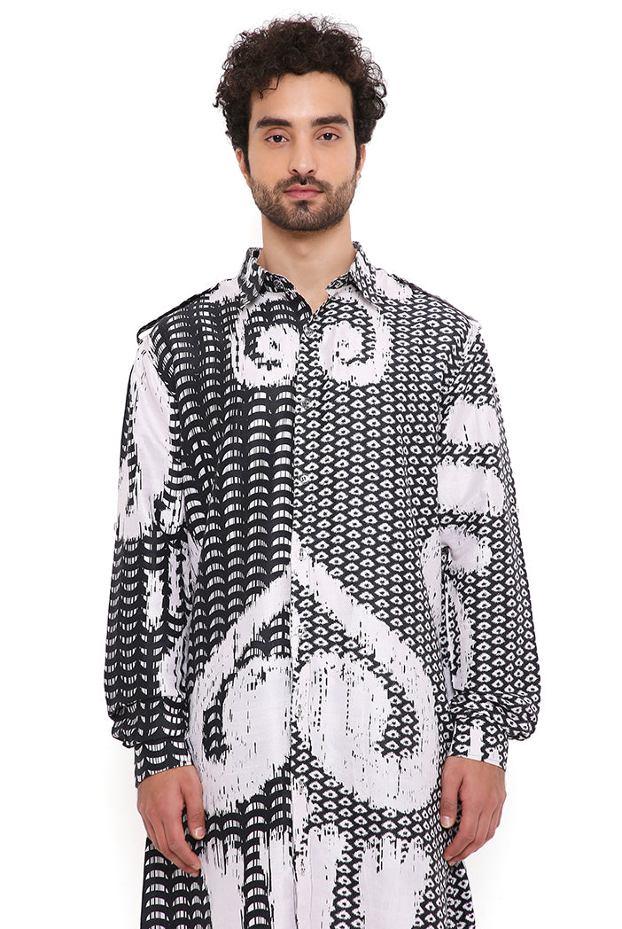 Black And White Uzbec Print Dupion Silk Pathani Kurta With Jogger Pant