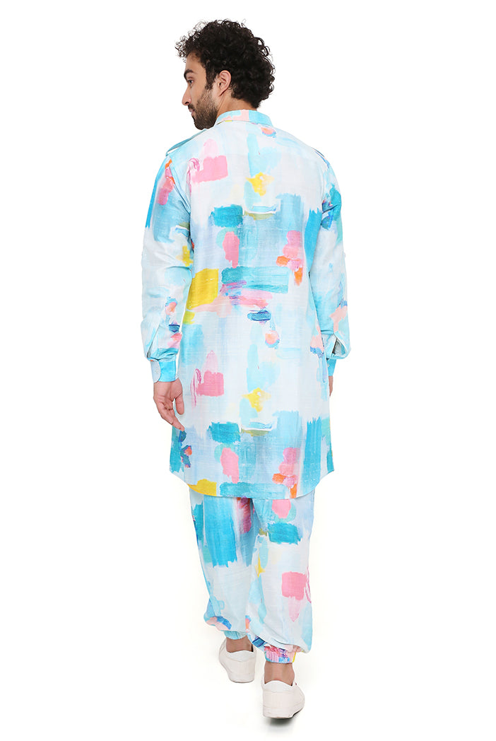 Gustav Painterly Print Dupion Silk Pathani Kurta With Jogger Pant