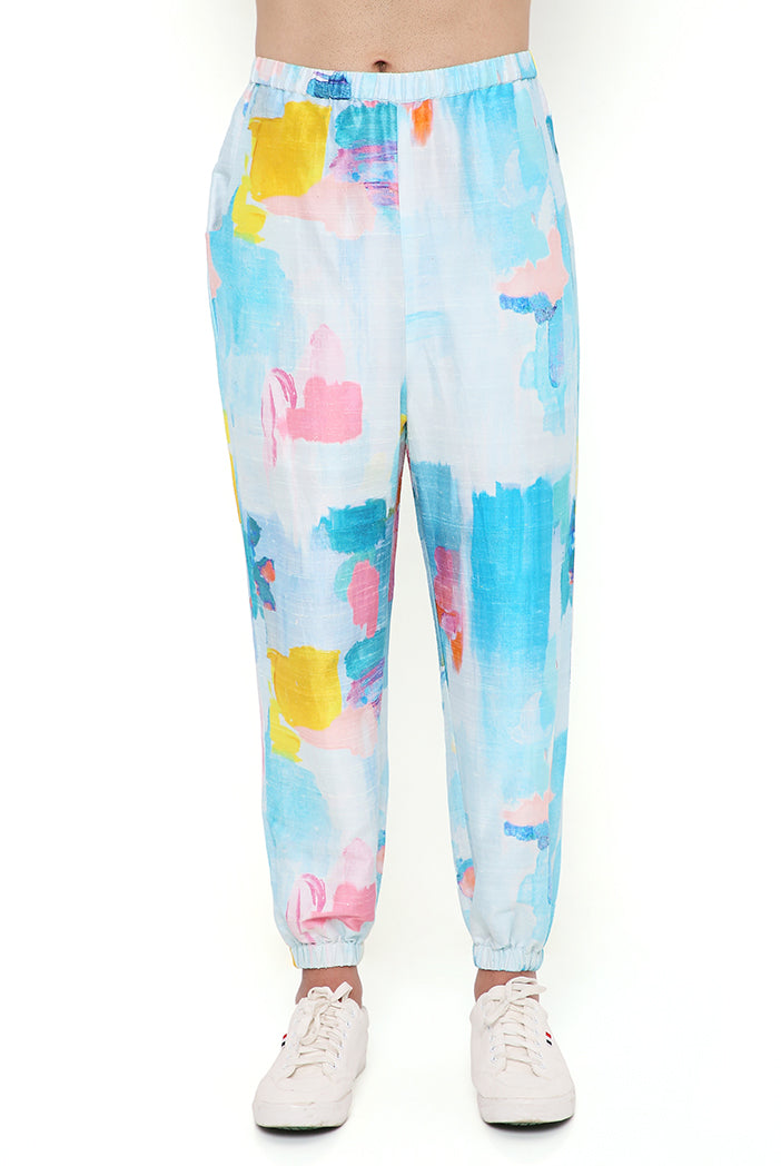 Gustav Painterly Print Dupion Silk Pathani Kurta With Jogger Pant