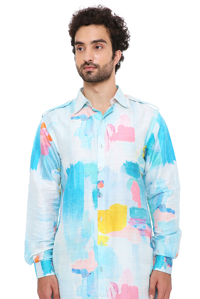 Gustav Painterly Print Dupion Silk Pathani Kurta With Jogger Pant