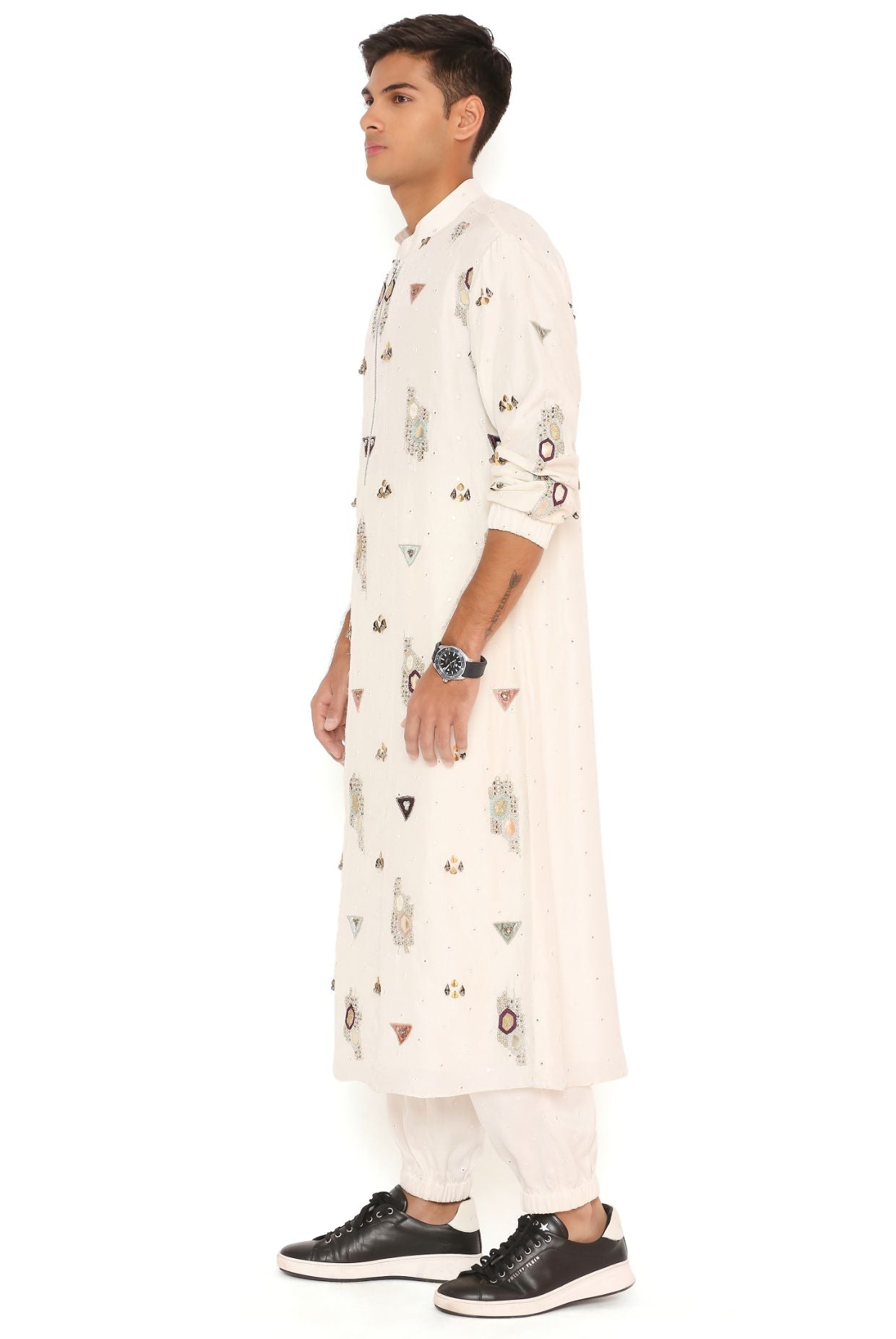 Off White Abla Silk Embroidered Bomber Kurta With Jogger Pant