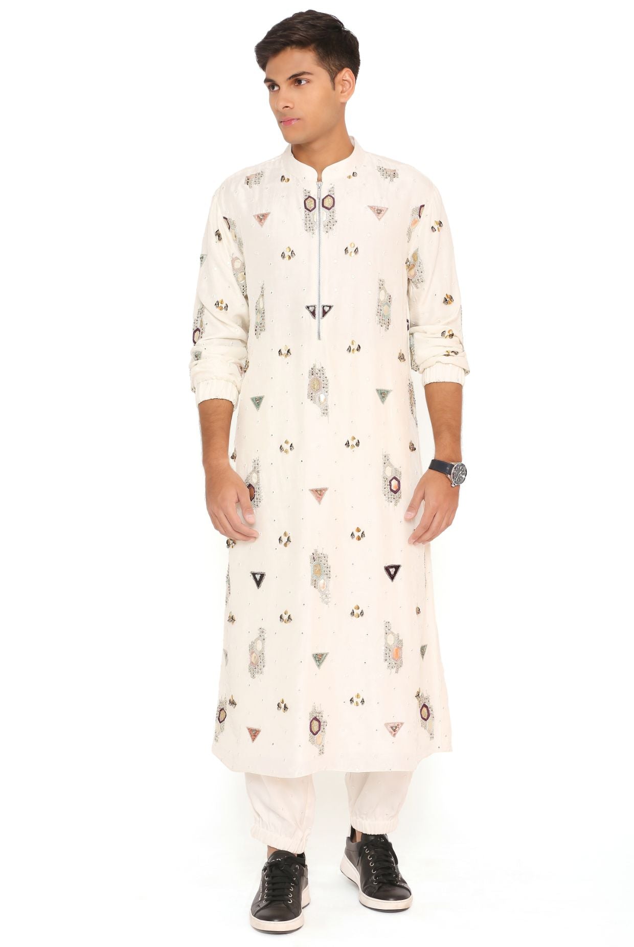 Off White Abla Silk Embroidered Bomber Kurta With Jogger Pant