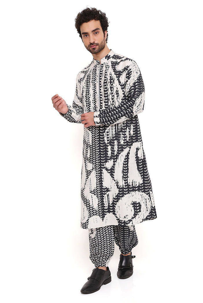 Black And White Uzbec Print Dupion Silk Bomber Kurta With Jogger Pant