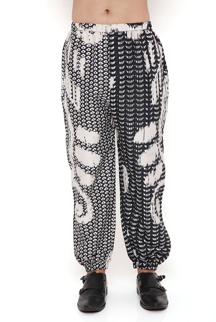 Black And White Uzbec Print Dupion Silk Bomber Kurta With Jogger Pant