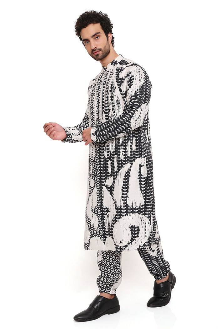 Black And White Uzbec Print Dupion Silk Bomber Kurta With Jogger Pant