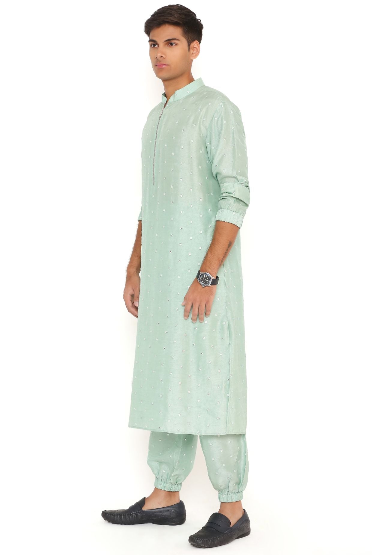 Powder Blue Abla Silk Bomber Kurta With Jogger Pant