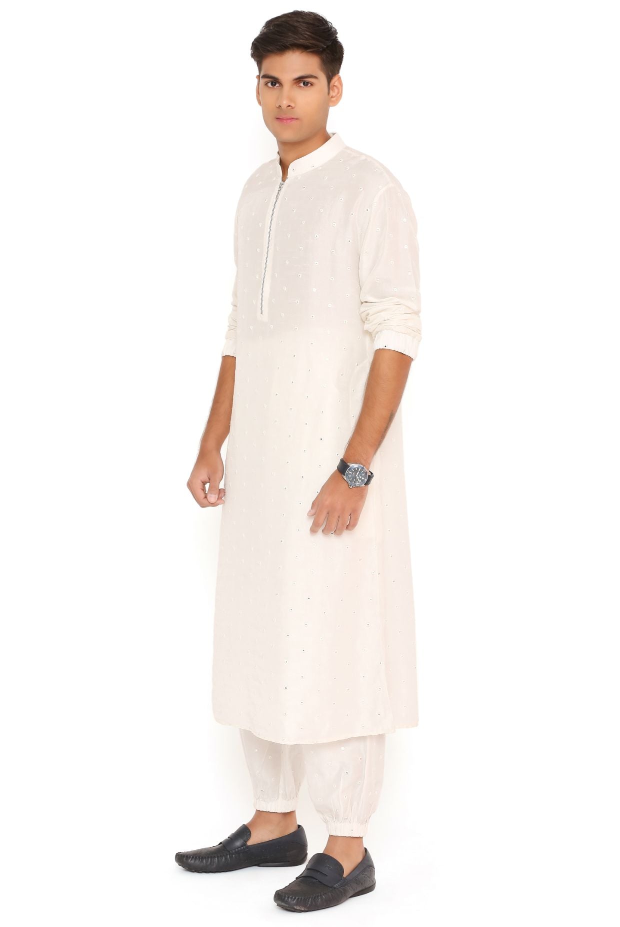 Chalk White Abla Silk Bomber Kurta With Jogger Pant