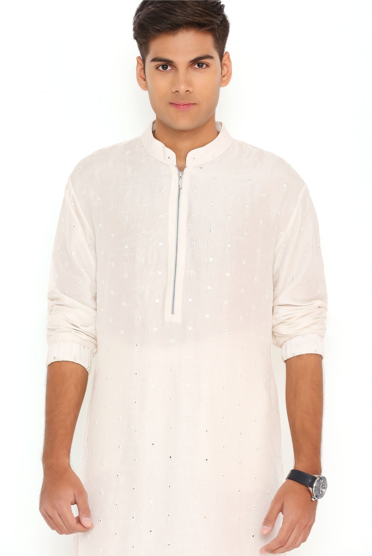Chalk White Abla Silk Bomber Kurta With Jogger Pant