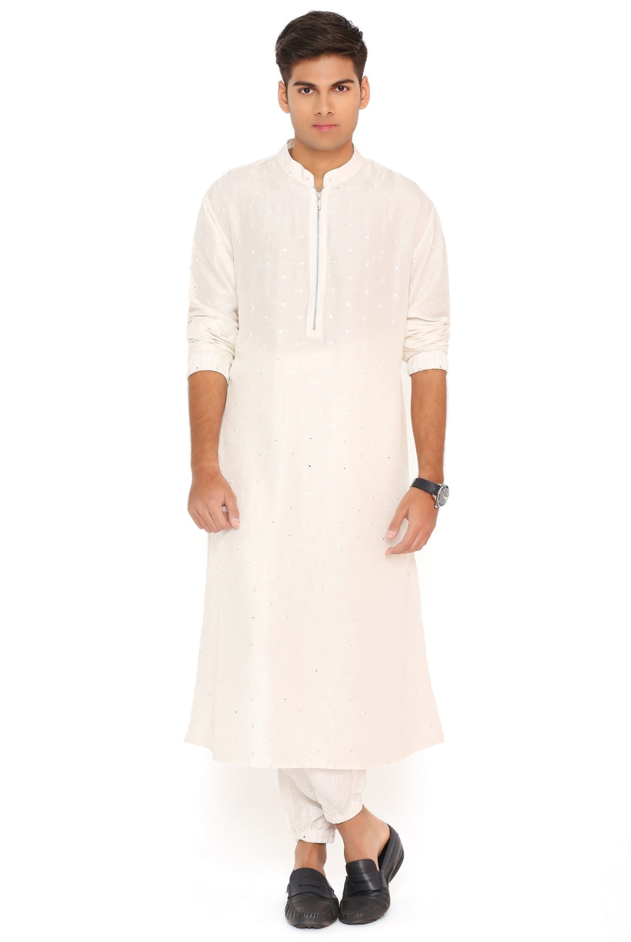 Chalk White Abla Silk Bomber Kurta With Jogger Pant