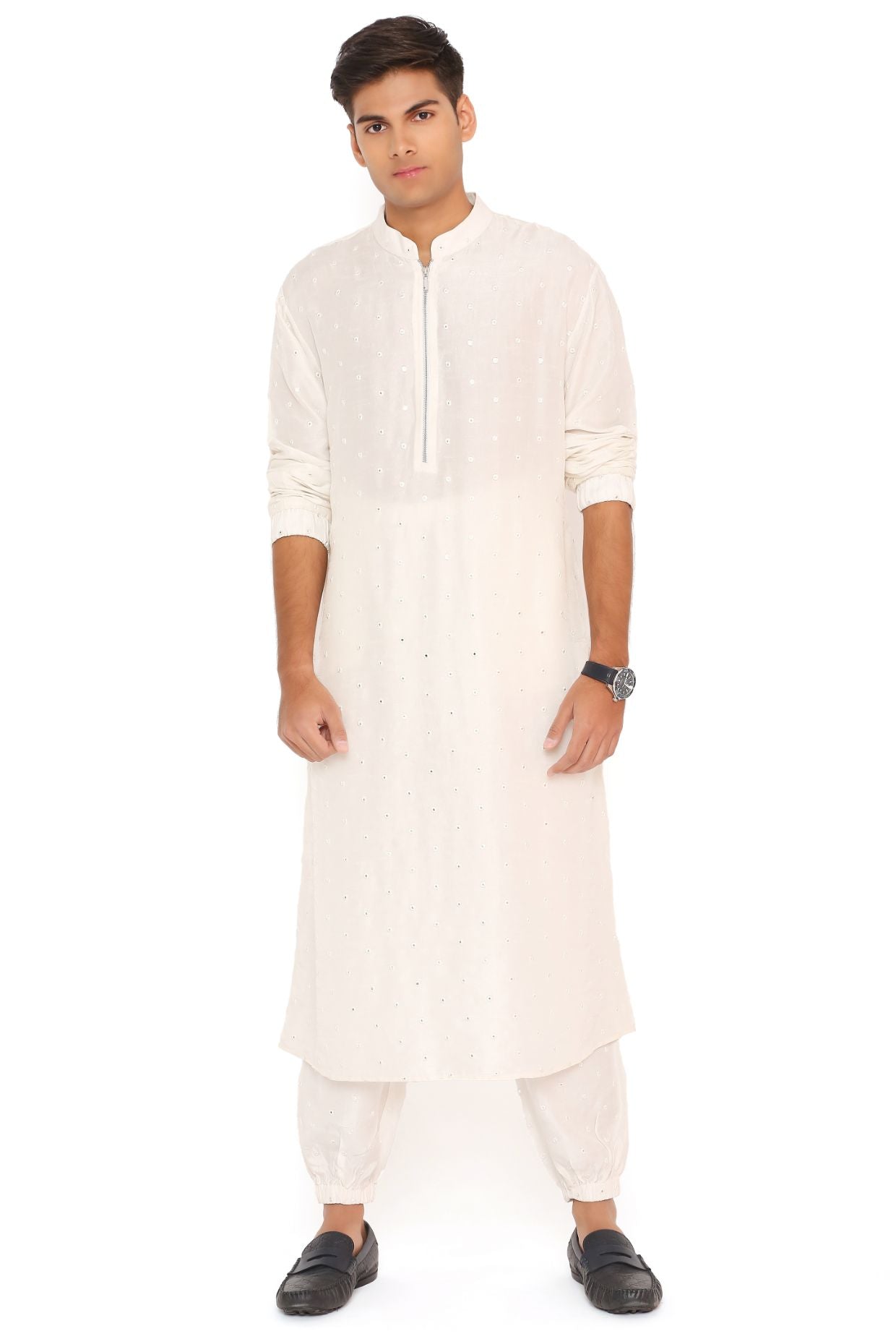 Chalk White Abla Silk Bomber Kurta With Jogger Pant