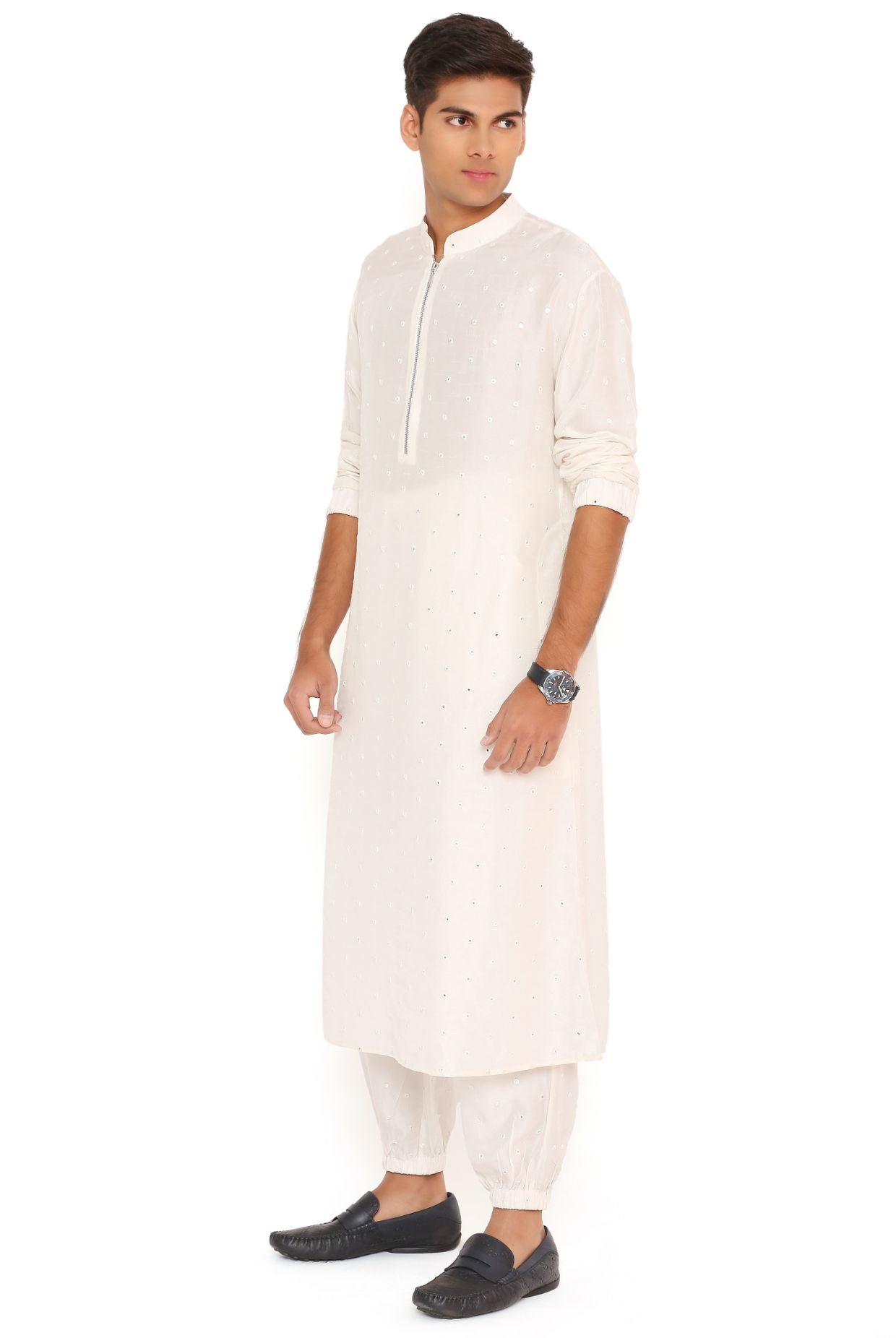 Chalk White Abla Silk Bomber Kurta With Jogger Pant