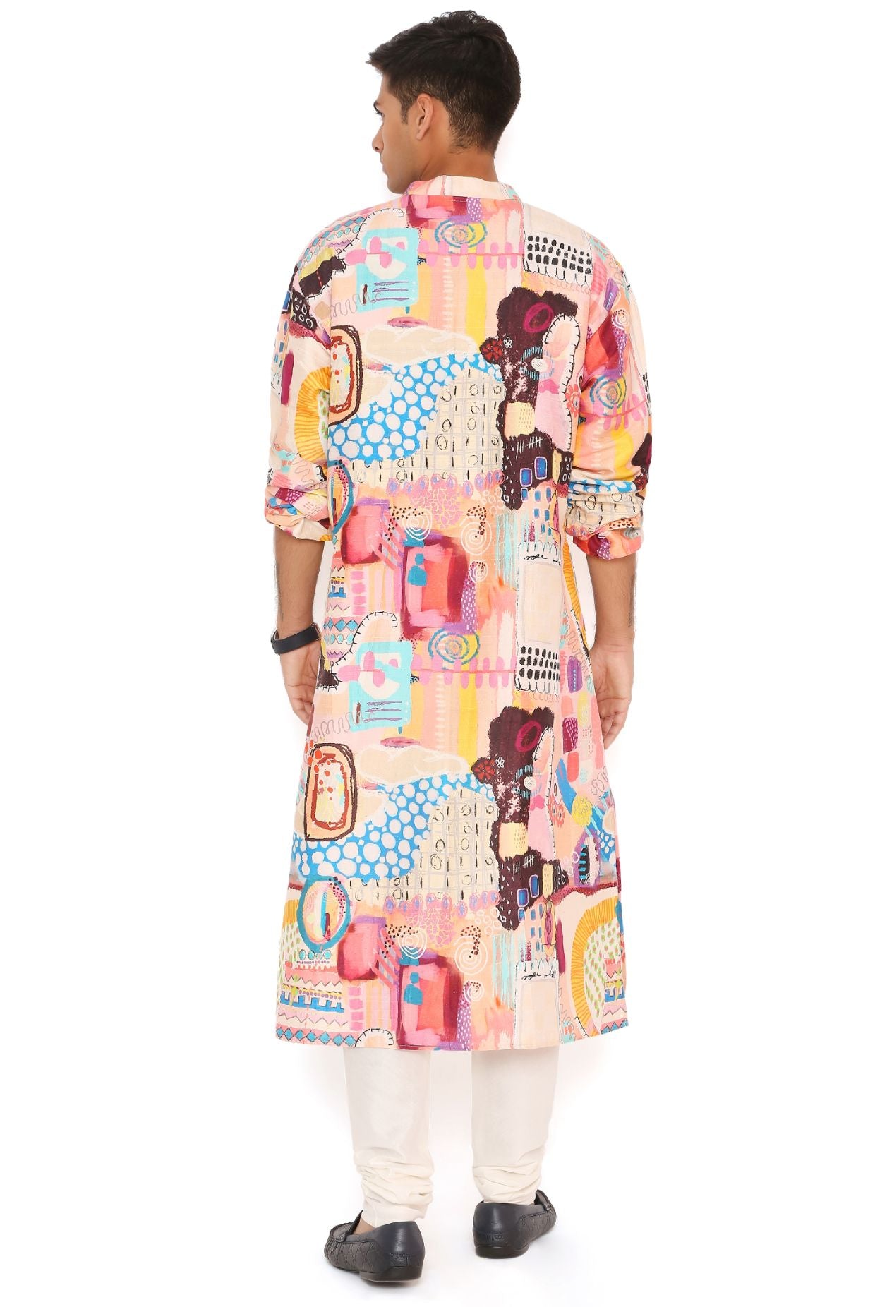 Trance Print Dupion Silk Kurta With Off White Cotton Silk Churidar