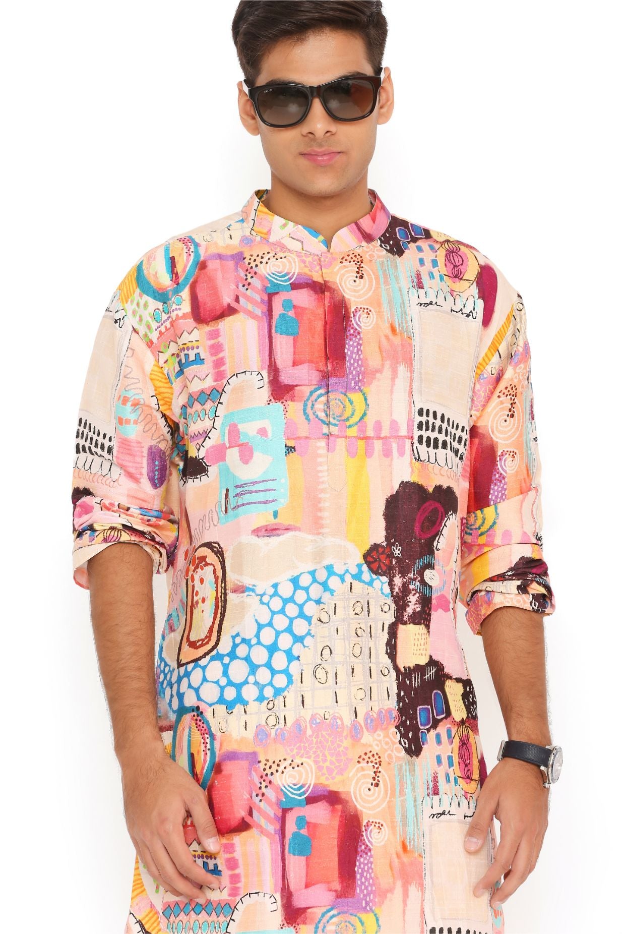 Trance Print Dupion Silk Kurta With Off White Cotton Silk Churidar