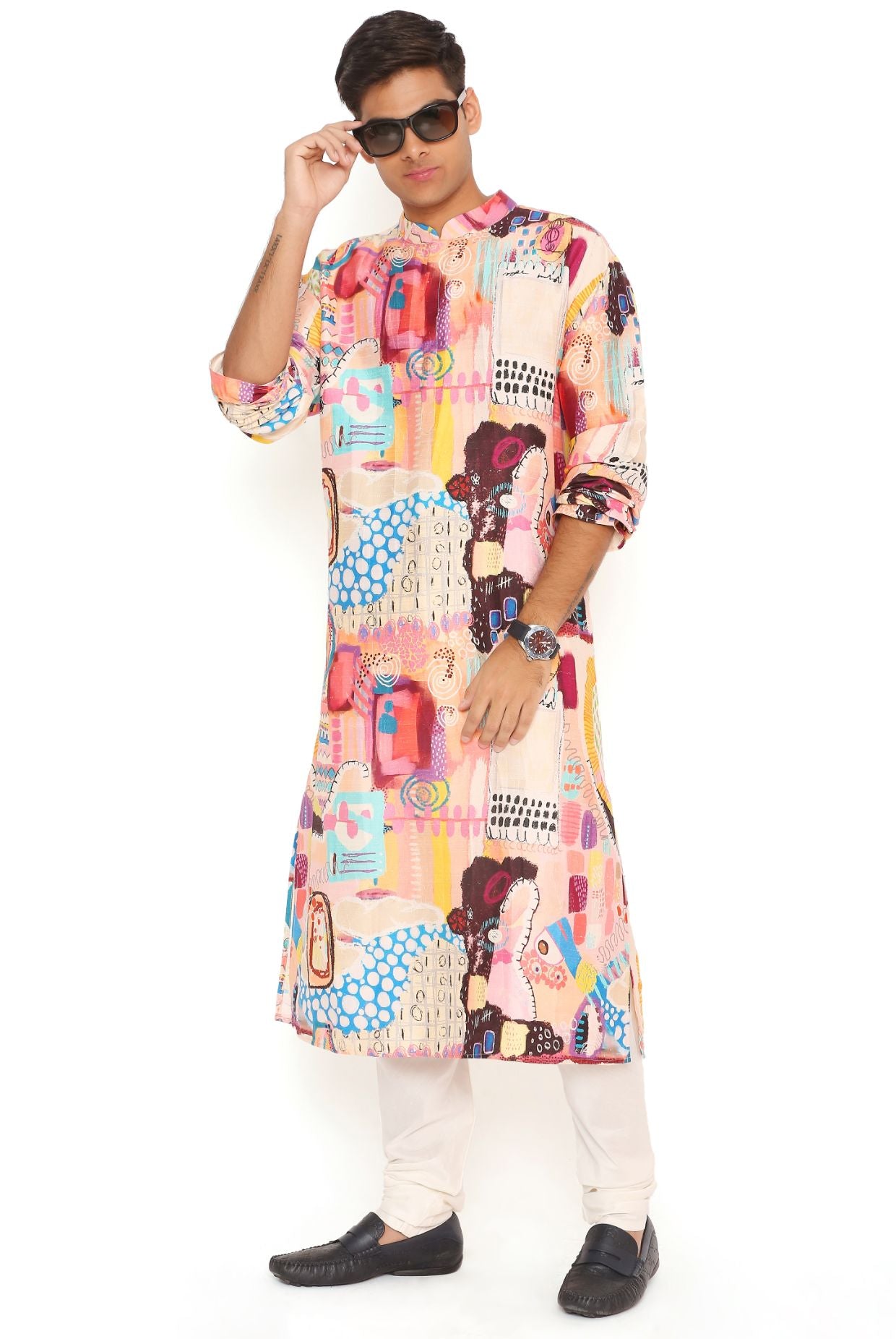 Trance Print Dupion Silk Kurta With Off White Cotton Silk Churidar