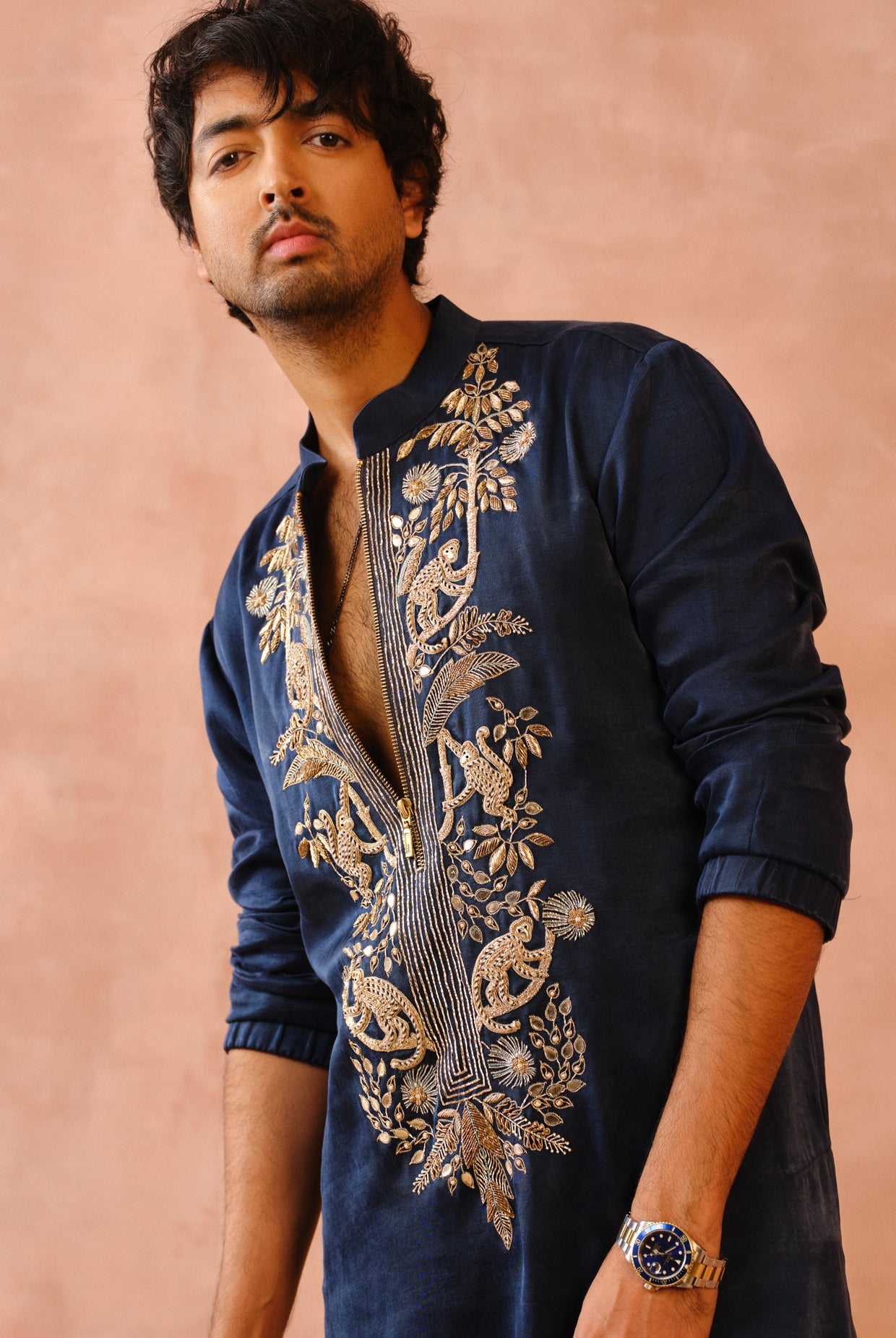 Navy Embroidered Bomber Kurta With Jogger Pant