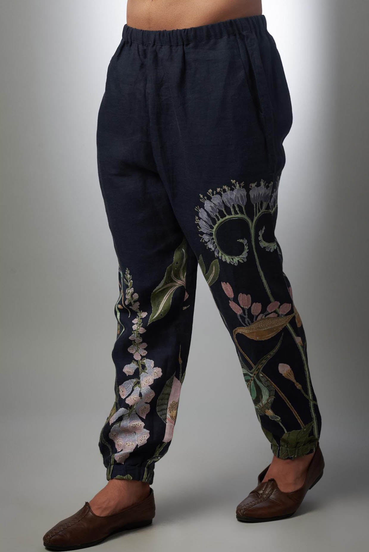 Navy Printed Linen Bomber Kurta With Jogger Pant