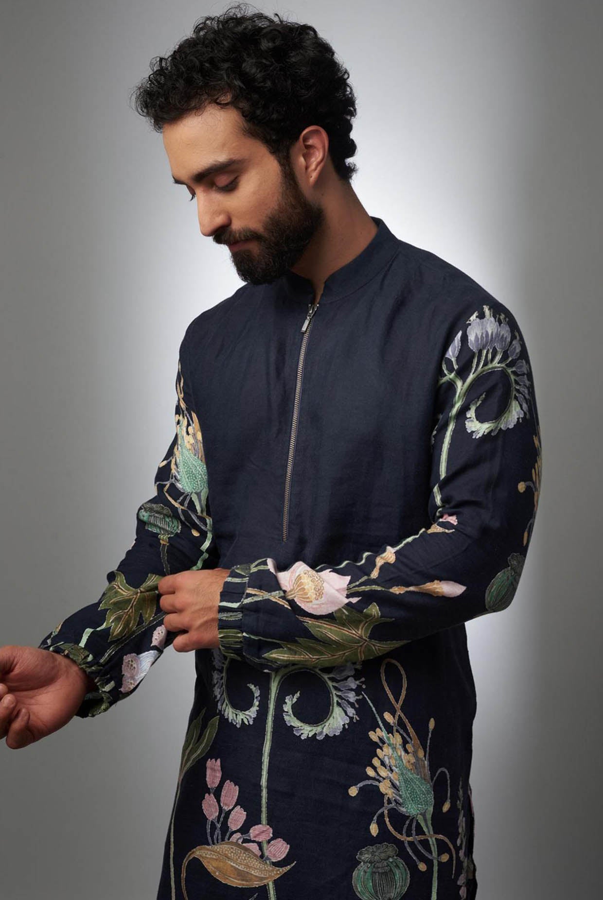 Navy Printed Linen Bomber Kurta With Jogger Pant