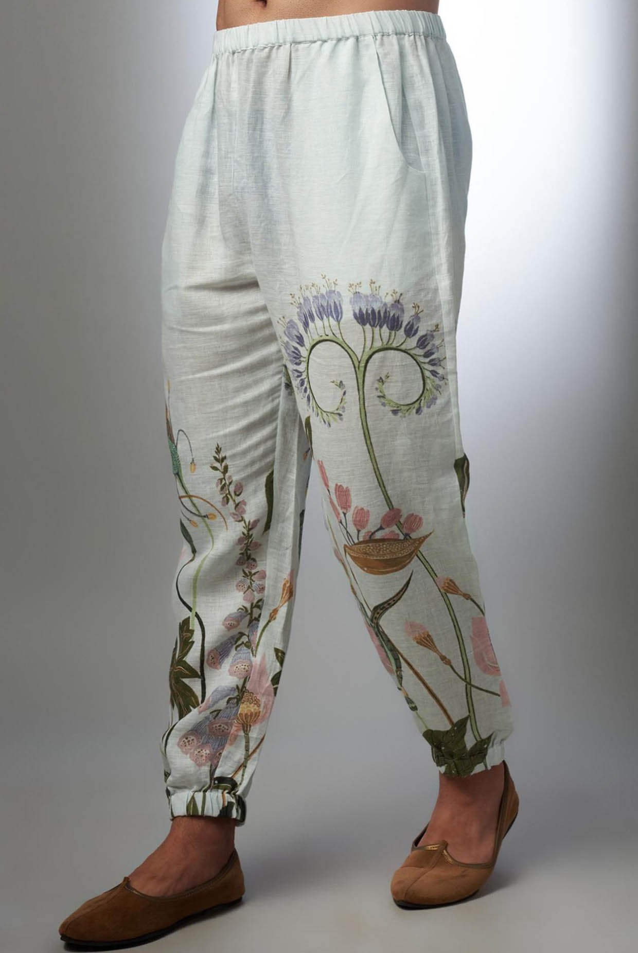 White Printed Linen Bomber Kurta With Jogger Pant
