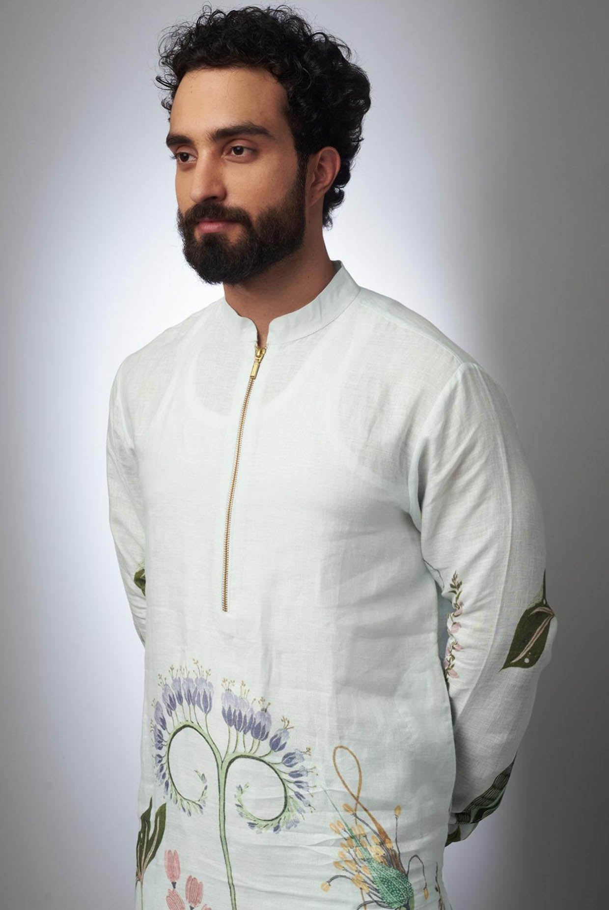 White Printed Linen Bomber Kurta With Jogger Pant