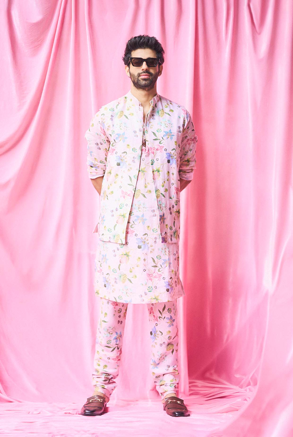 Rose Pink Nargis Print Bandi And Kurta With Churidar