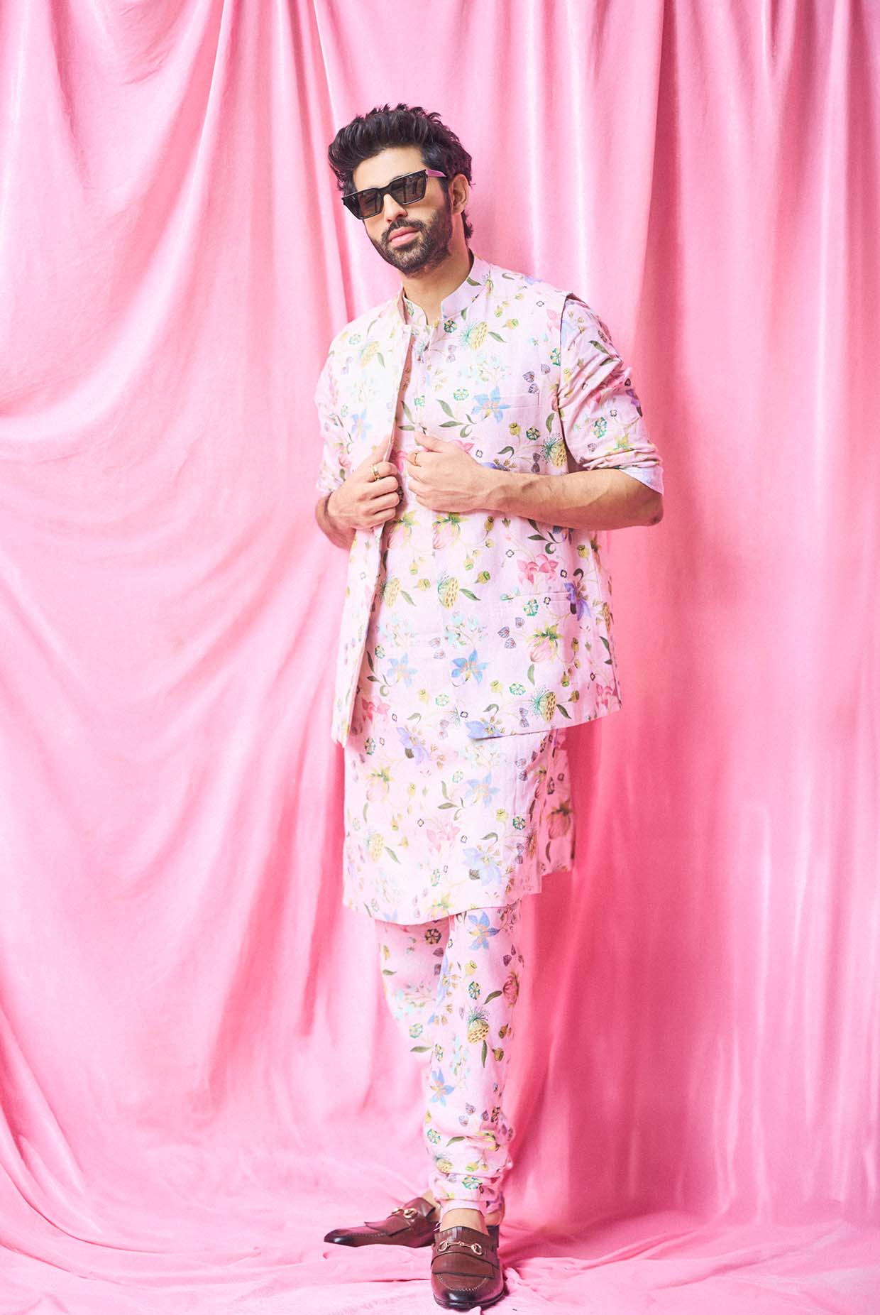 Rose Pink Nargis Print Bandi And Kurta With Churidar