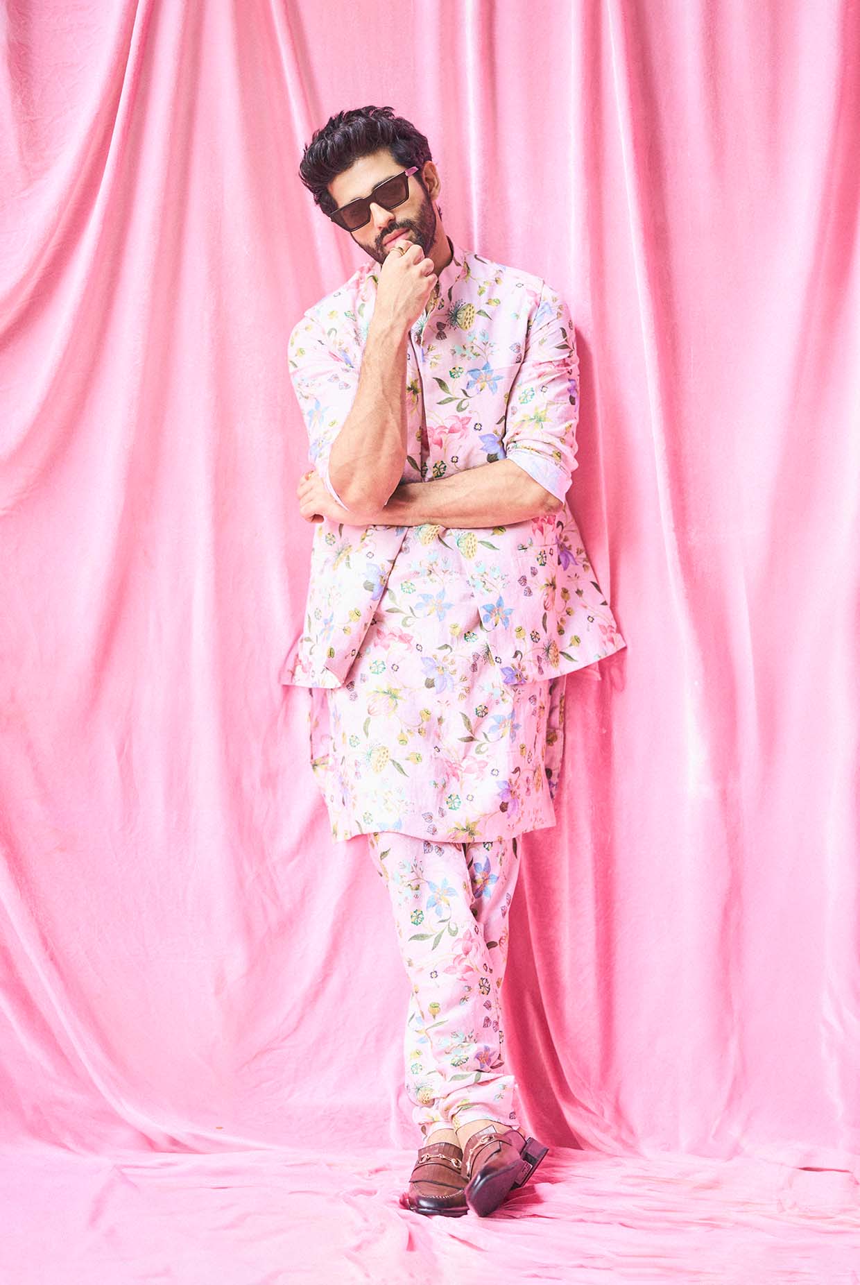 Rose Pink Nargis Print Bandi And Kurta With Churidar