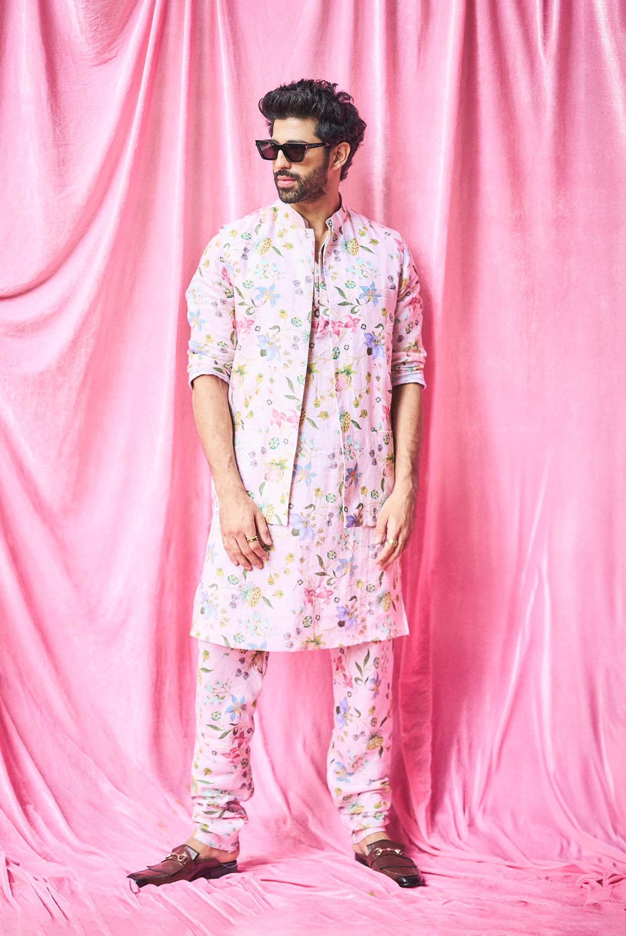 Rose Pink Nargis Print Bandi And Kurta With Churidar