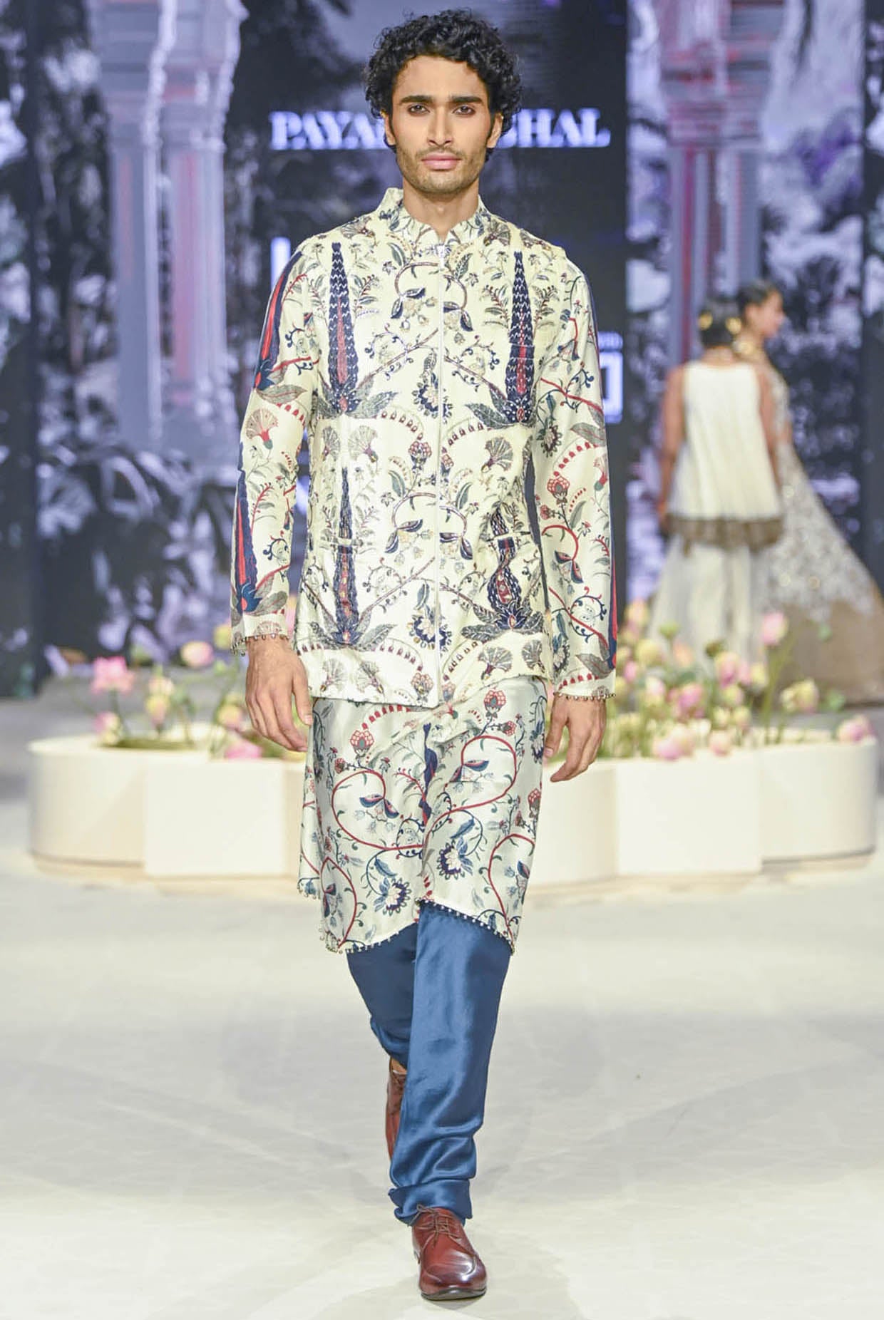 Blue Embroidered Forest Whisper Printed Bandi And Printed Kurta With Churidar