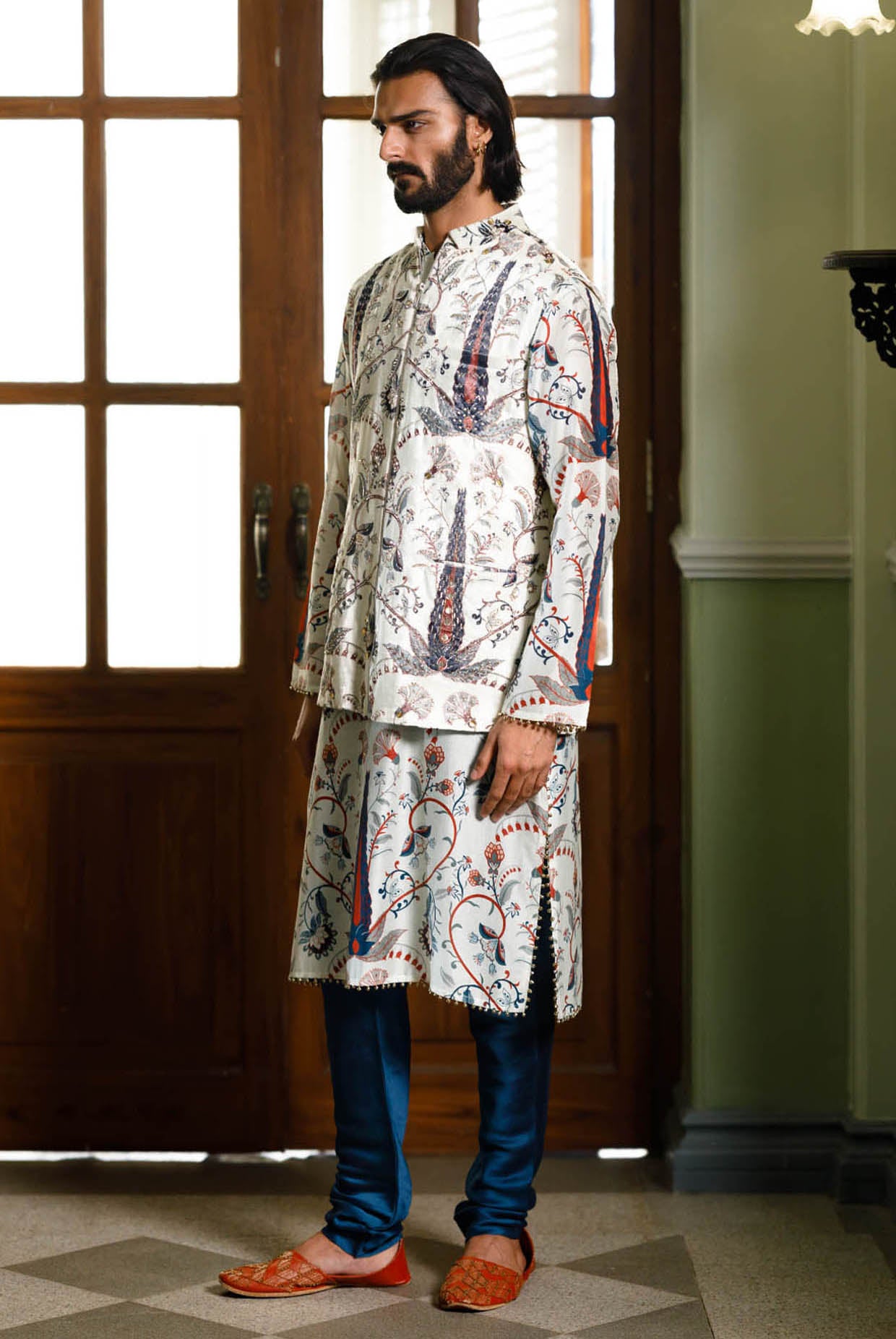 Blue Embroidered Forest Whisper Printed Bandi And Printed Kurta With Churidar