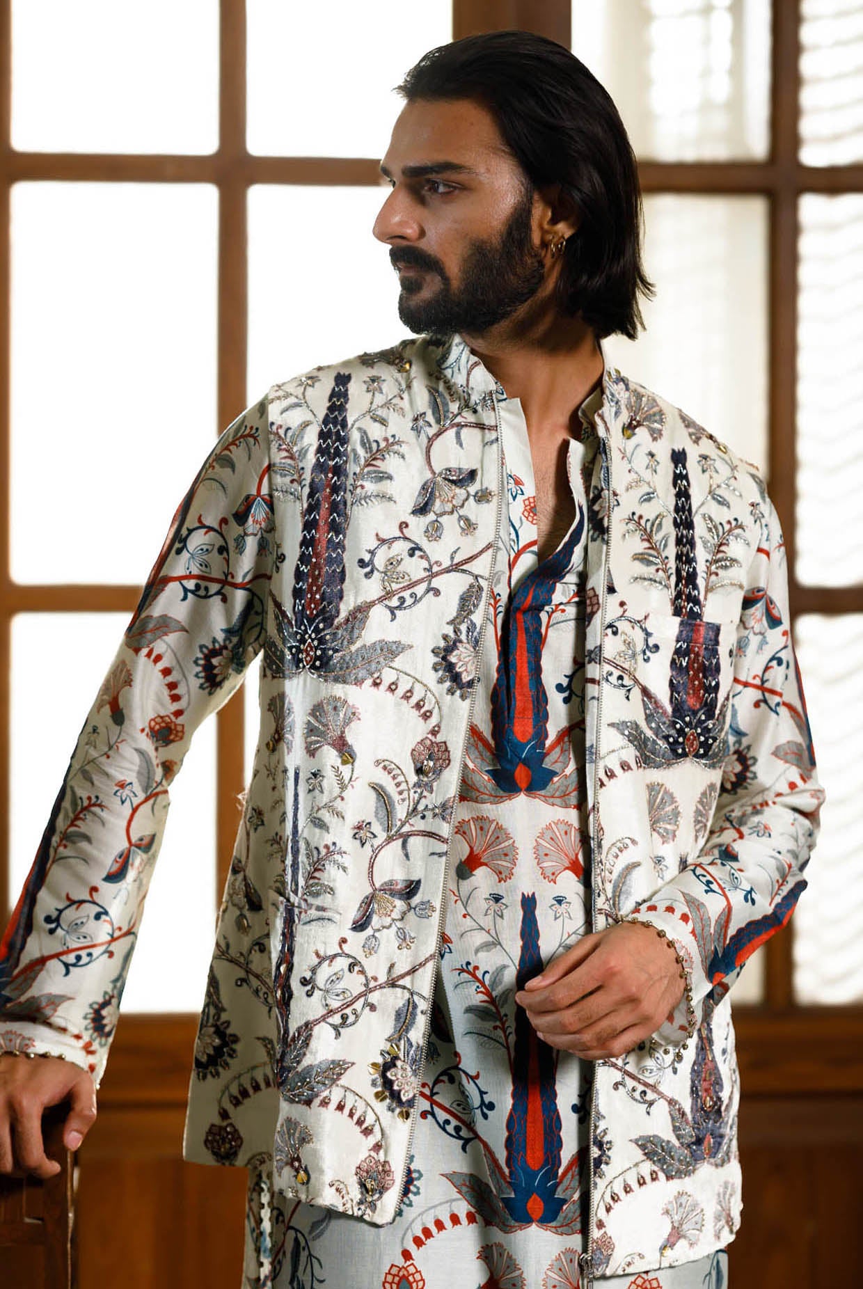 Blue Embroidered Forest Whisper Printed Bandi And Printed Kurta With Churidar