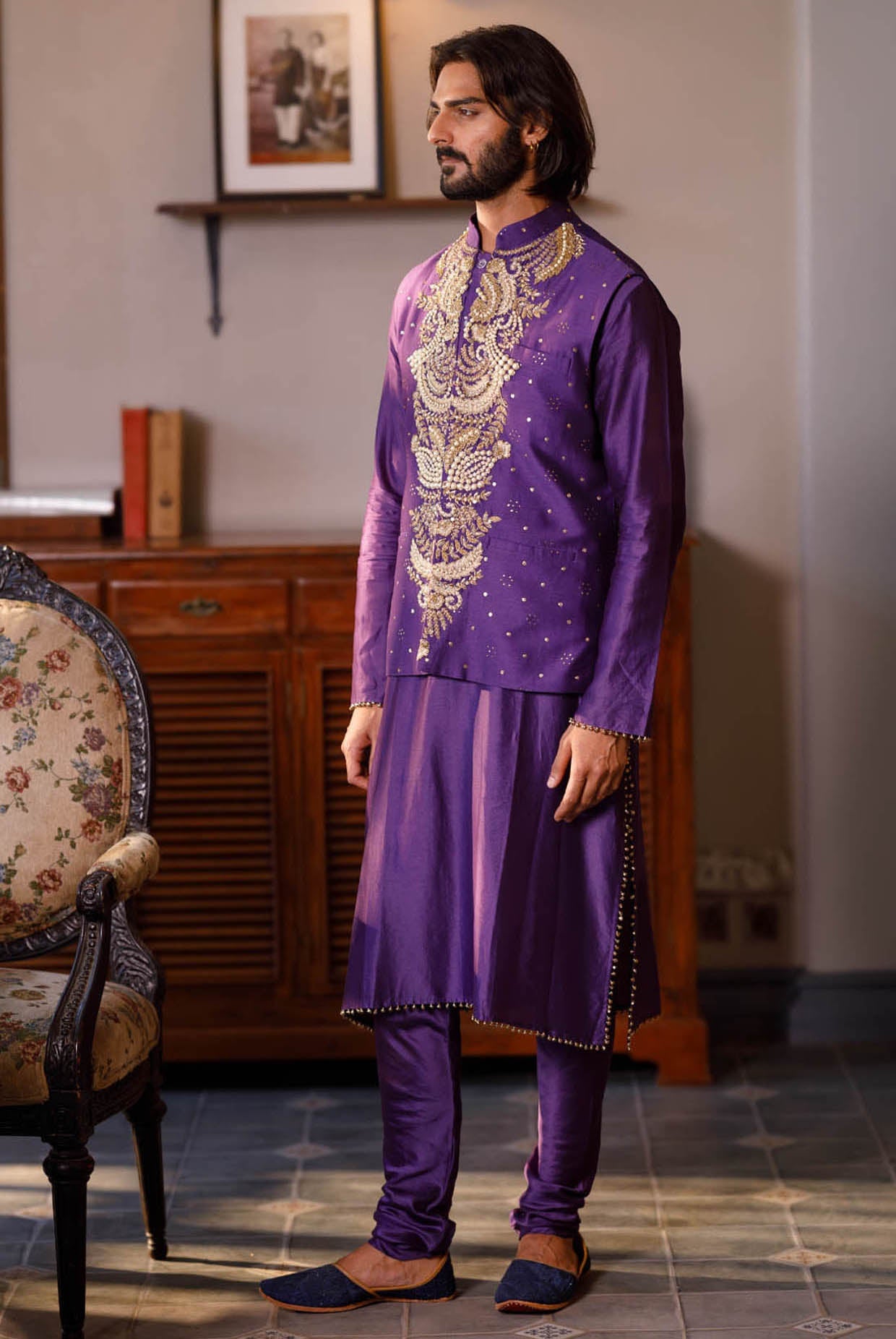 Purple Embroidered Bandi With Kurta And Churidar