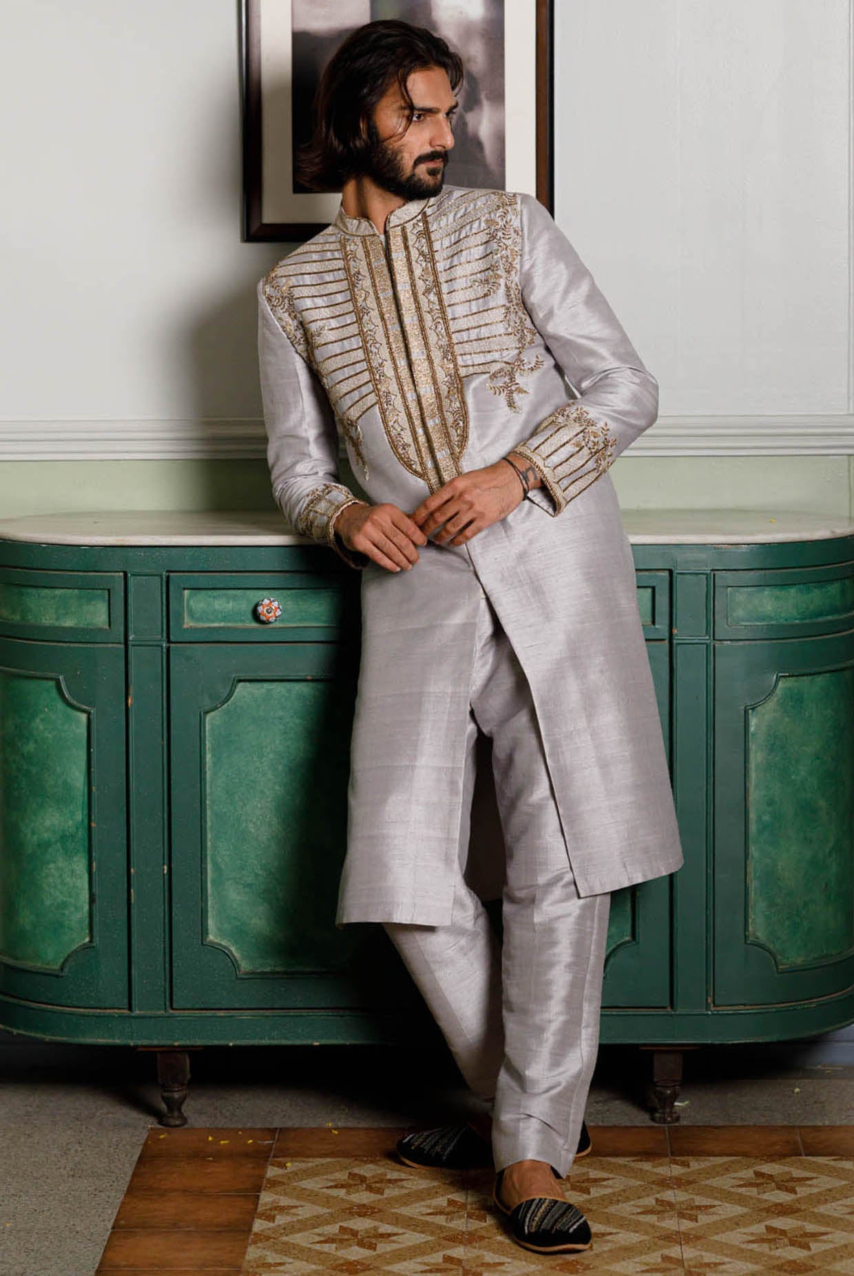 Grey Embroidered Sherwani With Pant